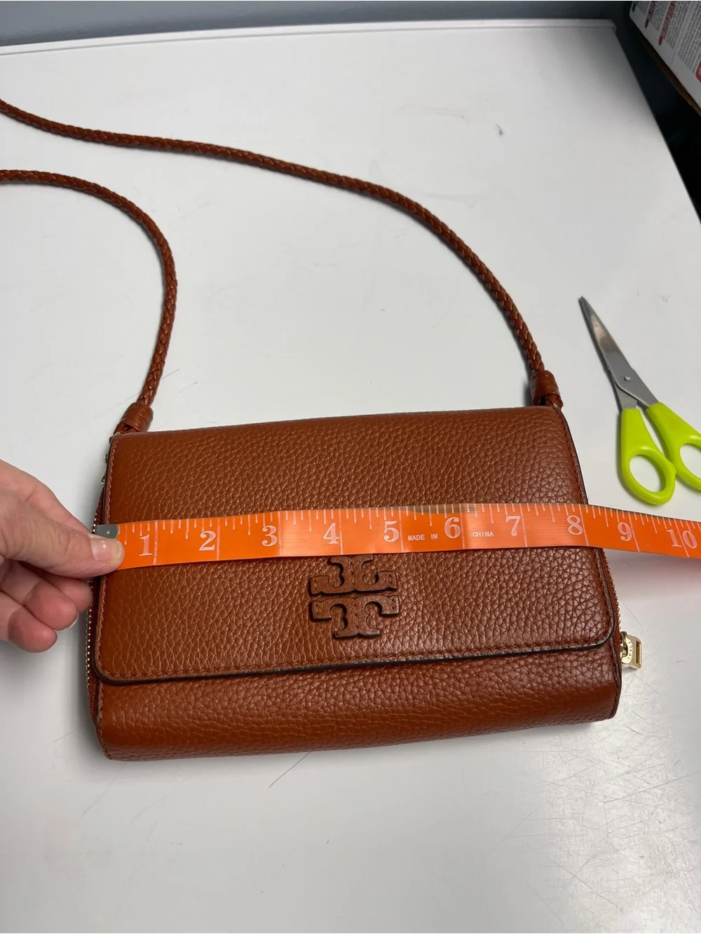 Tory Burch Cognac Pebbled Leather Crossbody Bag with Braided Strap